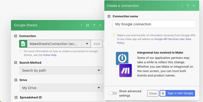 Make Google Sheet Connector