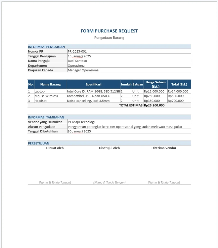 contoh form purchase request untuk pengadaan barang