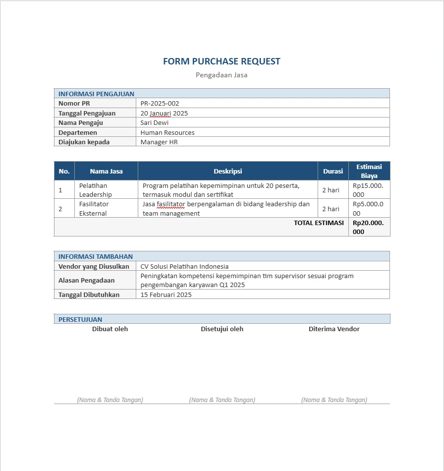 contoh form purchase request pengadaan jasa